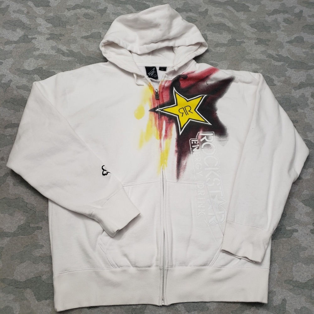VTG Rock Star Sweatshirt Mens XL White Y2K Fox Full Zip Hooded Pockets